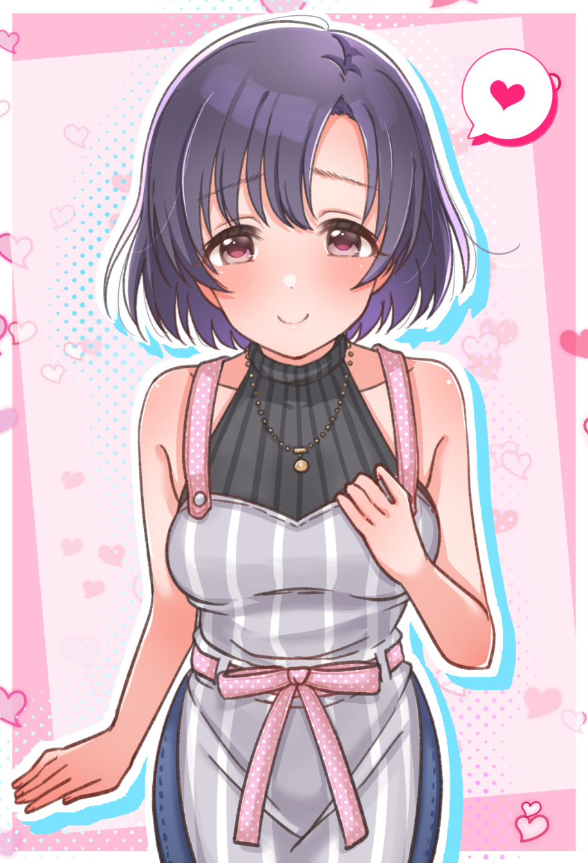 1girl aged_up apron arm_at_side asymmetrical_bangs bare_shoulders black_hair black_sweater blue_outline blush breasts check_commentary closed_mouth commentary_request cowboy_shot denim dot_nose grey_apron hand_on_own_chest heart highres idolmaster idolmaster_cinderella_girls jeans jewelry looking_at_viewer mariabowl medium_bangs medium_breasts necklace outline pants pendant pink_background pink_eyes polka_dot polka_dot_ribbon ribbon shiragiku_hotaru short_hair sidelocks sleeveless sleeveless_sweater smile solo speech_bubble standing straight-on straight_hair sweater waist_ribbon