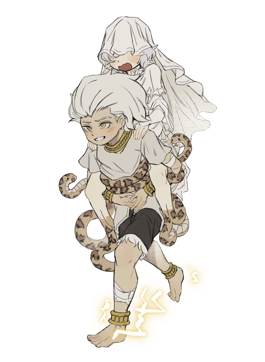 2boys absurdres aged_down animal anklet barefoot black_shorts blush bracelet carrying dark_souls_(series) dark_souls_i dark_souls_iii dark_sun_gwyndolin dress extra_hands frilled_dress frills fur-trimmed_shorts fur_trim grey_hair grey_shirt grin hands_on_another's_stomach highres jewelry long_hair male_focus multiple_boys nameless_king orange_eyes piggyback running shirt short_hair short_sleeves shorts simple_background smile snake teeth veil white_dress zunkome