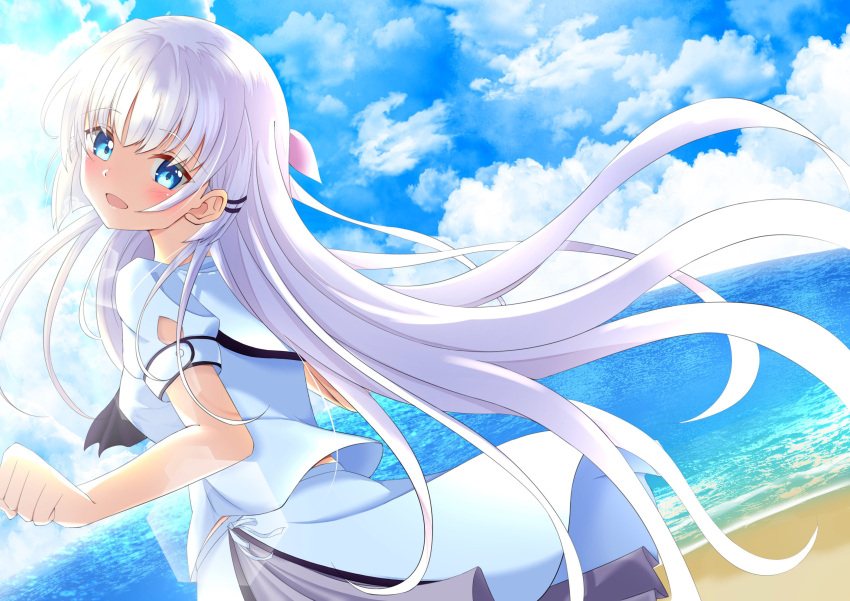 1girl :d absurdres ascot beach blue_ascot blue_eyes blue_sky blush clenched_hand cloud commentary_request eyelashes eyes_visible_through_hair floating_hair from_side hair_between_eyes hair_ornament hairclip happy hato_maron head_tilt highres lens_flare long_hair looking_at_viewer looking_back miniskirt naruse_shiroha ocean open_mouth puffy_short_sleeves puffy_sleeves sailor_collar school_uniform shirt short_sleeves sidelocks skirt sky smile solo summer_pockets very_long_hair white_hair white_sailor_collar white_shirt white_skirt