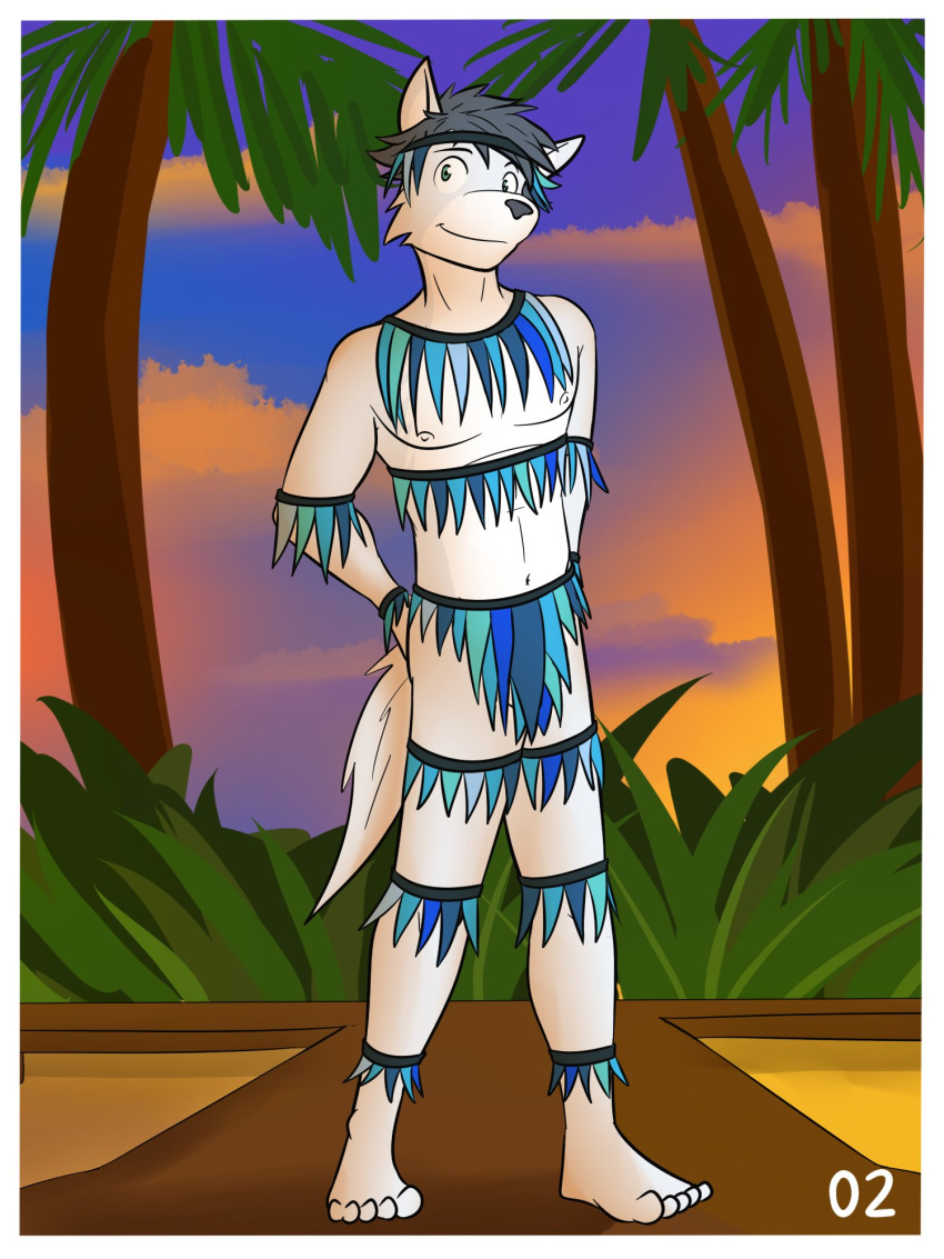 anthro canid canine canis fuze grass_skirt hi_res male mammal mostly_nude navel nipples outside palm_tree plant pose solo sunset tree wolf wolf_frat_dude_(fuze)