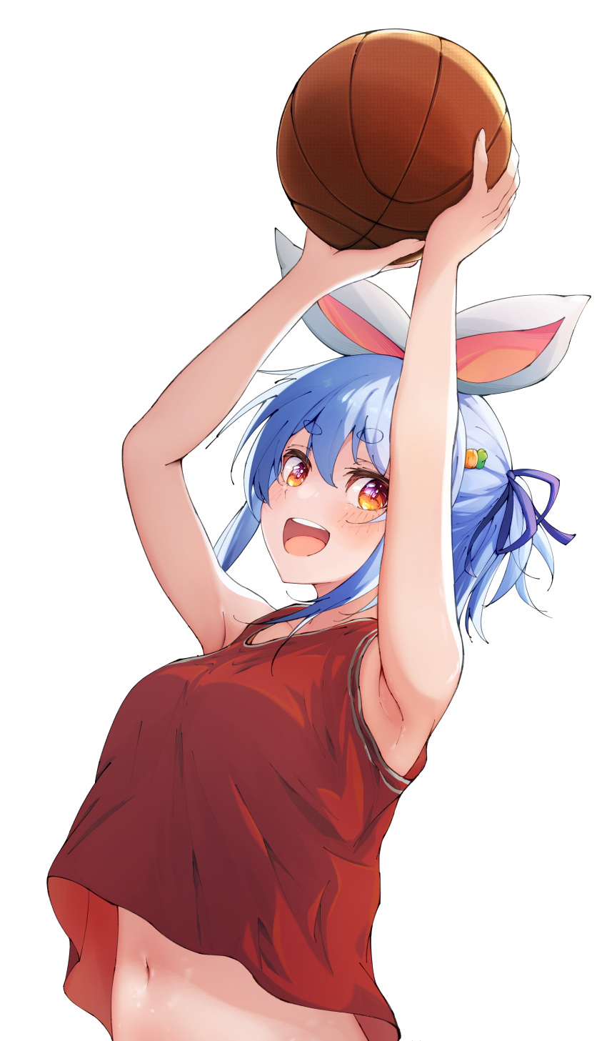 :d absurdres animal_ears armpits ball basketball basketball_(object) basketball_jersey basketball_uniform blue_hair breasts carrot_hair_ornament fake_animal_ears food-themed_hair_ornament hair_ornament highres holding holding_ball hololive maccaron61 medium_breasts navel official_alternate_costume orange_eyes purple_ribbon rabbit_ears red_tank_top ribbon short_eyebrows short_twintails smile sportswear stomach tank_top thick_eyebrows transparent_background twintails usada_pekora virtual_youtuber