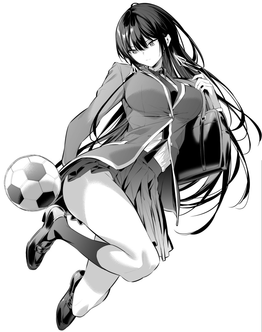 1girl ball breasts dress_shirt greyscale haitekudasai_takamine-san highres hiiragi_yuuichi long_hair monochrome school_uniform shirt skirt soccer_ball solo takamine_takane