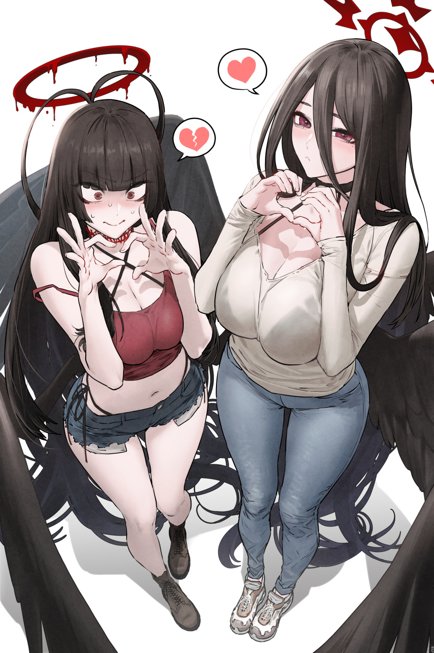 2girls absurdres alternate_costume antenna_hair black_hair black_wings blood_halo blue_archive blue_pants blue_shorts blush breasts breasts_squeezed_together broken_heart brown_footwear cleavage closed_mouth denim denim_shorts disto feathered_wings halo hasumi_(blue_archive) heart heart_hands highres jeans large_breasts long_hair long_sleeves midriff mole mole_under_eye multiple_girls navel pants red_eyes red_halo revision shirt shoes short_shorts shorts simple_background spoken_heart stomach tsurugi_(blue_archive) white_background white_footwear white_shirt wings
