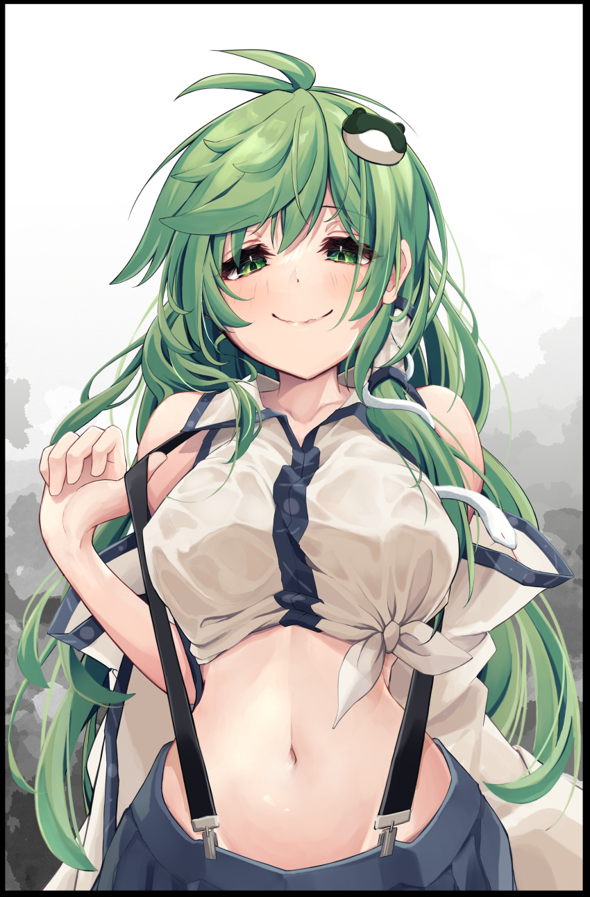 1girl absurdres antenna_hair bare_shoulders black_border blue_skirt border breasts closed_mouth commentary_request frog_hair_ornament green_eyes green_hair hair_ornament highres hira-san kochiya_sanae large_breasts long_hair looking_at_viewer midriff navel pulled_by_self shirt skirt smile snake_hair_ornament solo suspenders suspenders_pull touhou upper_body white_background white_shirt