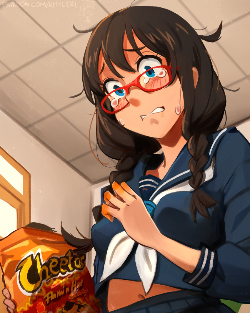 1girl absurdres black_hair blue_eyes braid cheetos classroom clenched_teeth emergence_(shindol) glasses highres indoors khyle. long_hair navel school_uniform serafuku skirt solo tearing_up teeth twin_braids yoshida_saki