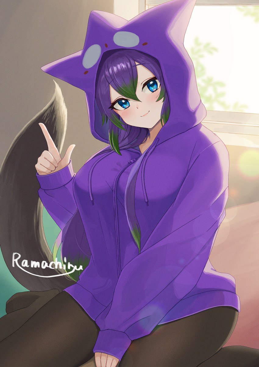 1girl black_pantyhose blue_eyes breasts colored_tips commission green_hair hair_between_eyes highres hood hoodie long_hair multicolored_hair original pantyhose pointing purple_hair purple_hoodie ramachiru signature sitting skeb_commission sleeves_past_wrists tail thighs wariza window zipper_pull_tab