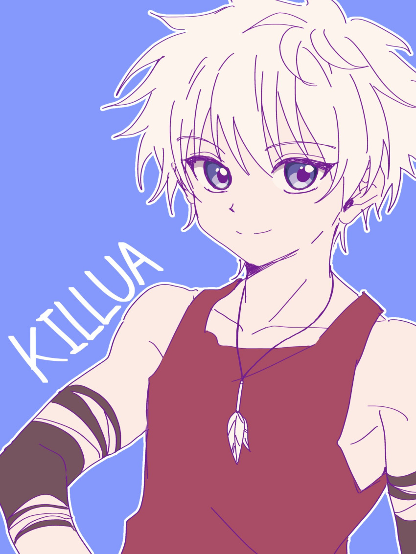 1boy blue_background blue_eyes character_name chikasarang highres hunter_x_hunter jewelry killua_zoldyck looking_at_viewer male_child male_focus necklace red_shirt shirt short_hair simple_background sleeveless smile solo upper_body white_hair