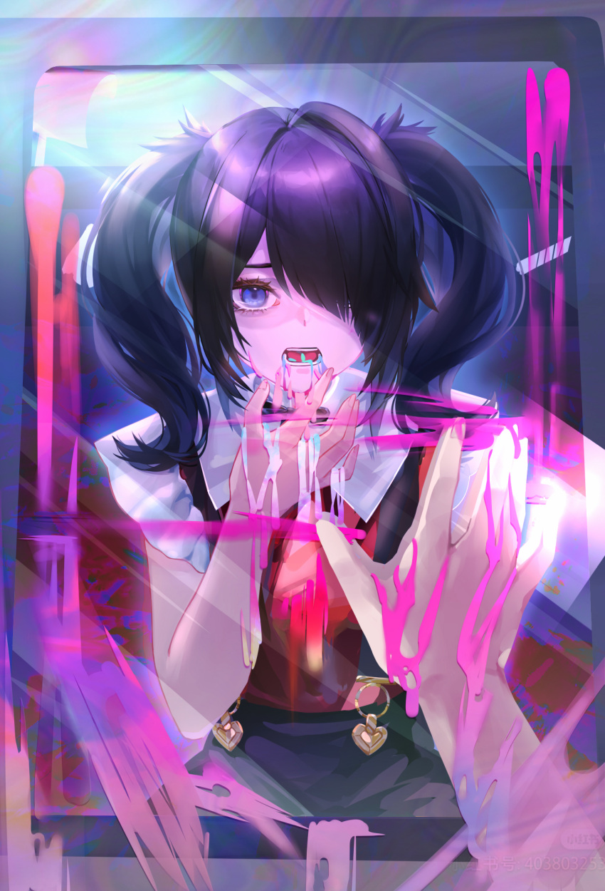 1girl ame-chan_(needy_girl_overdose) black_hair black_skirt blood collar collared_shirt hair_over_one_eye hand_on_mirror highres mirror needy_girl_overdose open_mouth pink_blood purple_eyes red_shirt reflection shirt shirt_tucked_in skirt solo stray_(fengjun) suspender_skirt suspenders twintails upper_body vomiting vomiting_rainbows white_collar