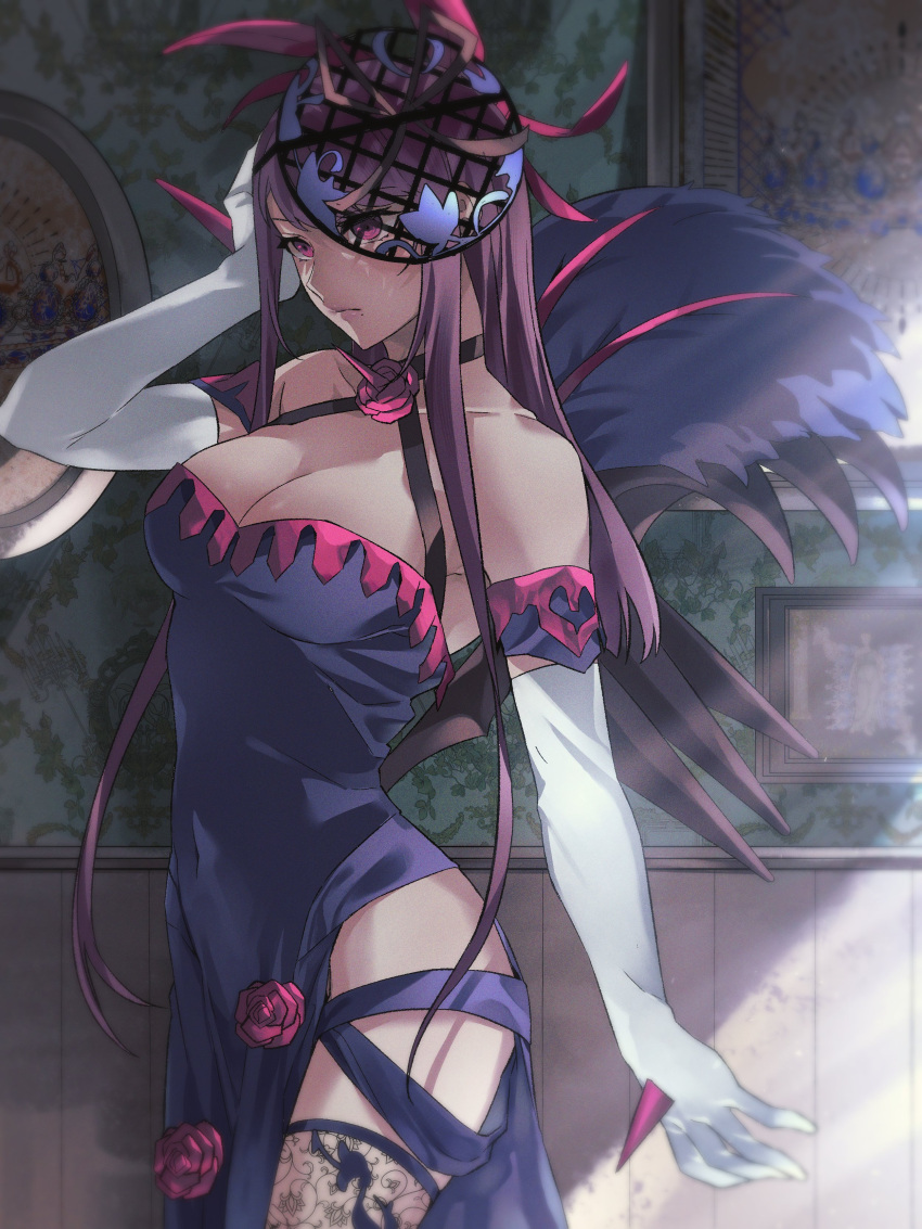 1girl absurdres bare_shoulders breasts cleavage cleavage_cutout closed_mouth clothing_cutout dress elbow_gloves fascinator fire_emblem fire_emblem_engage flower fur_trim gloves hand_on_own_head highres hmmjust_0000 ivy_(fire_emblem) long_dress long_hair looking_to_the_side purple_eyes purple_hair side_slit white_gloves