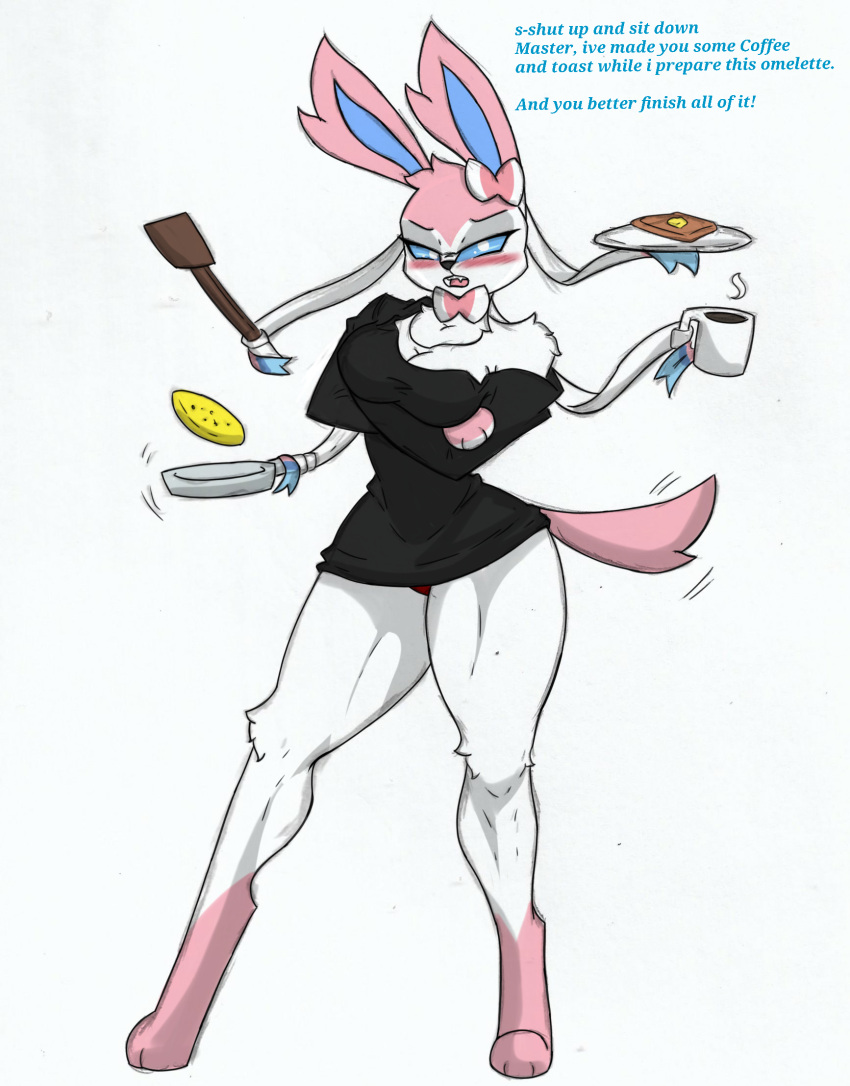 anthro big_breasts blush bottomless breasts clothed clothing comic eeveelution english_text fan_character female generation_6_pokemon hi_res nintendo pace-maker panties pokemon pokemon_(species) shirt shirt_only small_waist solo sylveon text thick_thighs topwear topwear_only underwear wide_hips