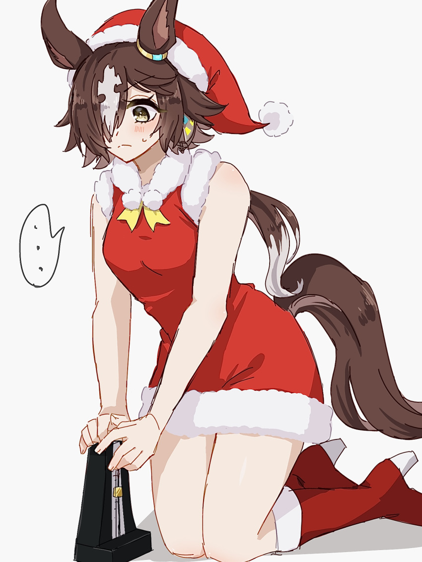 ... 1girl animal_ears bare_shoulders boots brown_eyes brown_hair christmas closed_mouth dress full_body hair_over_one_eye hat hide_oo high_heel_boots high_heels highres horse_ears horse_girl horse_tail metronome ponytail red_dress red_footwear santa_hat seiza simple_background sitting sketch sleeveless sleeveless_dress solo tail umamusume vodka_(umamusume) white_background