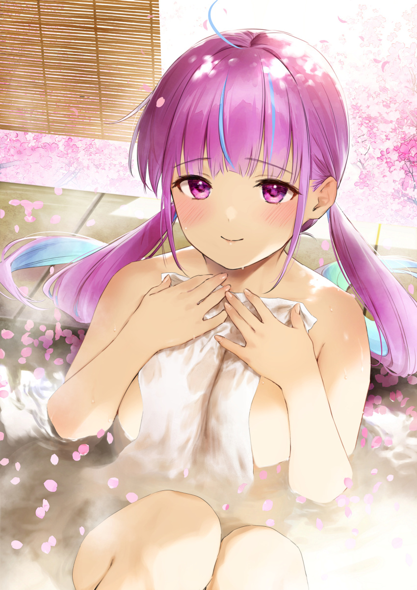 1girl ahoge bare_shoulders bathing blue_hair blush breasts highres hololive large_breasts long_hair looking_at_viewer low_twintails minato_aqua multicolored_hair onsen purple_eyes purple_hair sideboob smile solo steam streaked_hair towel twintails two-tone_hair umakuchi_shouyu virtual_youtuber water