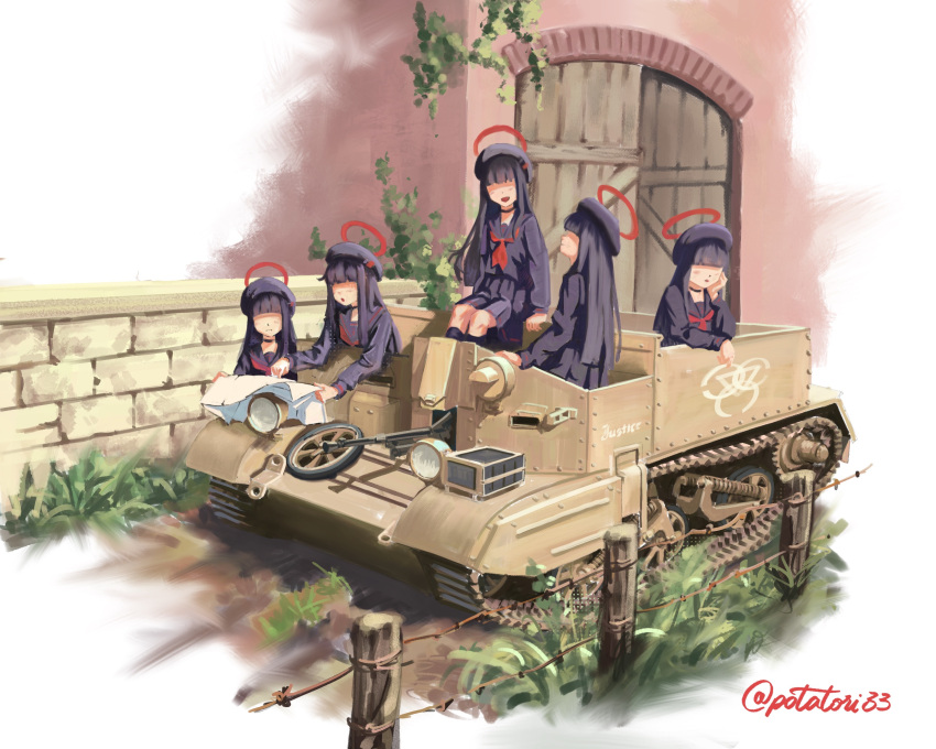 5girls absurdres barbed_wire beret black_choker black_headwear black_sailor_collar black_serafuku black_shirt black_skirt blue_archive choker extra faceless faceless_female halo hat highres holding holding_map justice_task_force_member_(blue_archive) map military_vehicle motor_vehicle multiple_girls open_mouth pleated_skirt potatori sailor_collar school_uniform serafuku shirt skirt smile tank traditional_media twitter_username vehicle_request