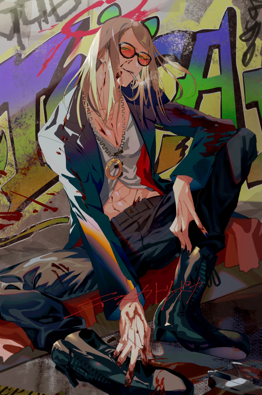 1boy black_jacket black_nails black_pants blonde_hair blood blood_on_clothes blood_on_hands blue_eyes boots cigarette fate/grand_order fate_(series) flapper_shirt graffiti gun highres jacket jewelry long_hair looking_at_viewer male_focus medallion midriff midriff_peek mkk4qdyeqnnlp0t navel necklace open_clothes open_jacket orange-tinted_eyewear outdoors pants pectorals road shirt signature smoke smoking solo street sunglasses tezcatlipoca_(fate) tinted_eyewear weapon white_shirt