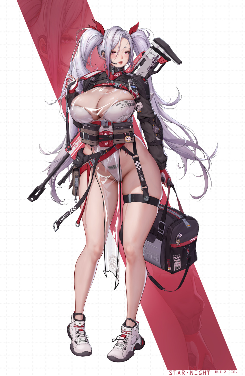 1girl absurdres ammunition_pouch artist_name ass_visible_through_thighs assault_rifle bag belt belt_pouch black_bag black_jacket breasts character_name charm_(object) chinese_commentary cleavage clothes_writing commentary covered_navel earpiece elbow_pads eyeshadow fingerless_gloves first_aid_kit full_body garter_straps gloves goddess_of_victory:_nikke grey_hair gun hair_between_eyes hair_ribbon hand_up highres holding holding_bag hui_z_jie jacket large_breasts leotard long_hair long_sleeves looking_at_viewer magazine_(weapon) makeup original parted_lips pelvic_curtain pink_eyes pouch red_belt red_gloves red_ribbon ribbon rifle see-through see-through_cleavage shoes shrug_(clothing) sidelocks skindentation snap-fit_buckle solo standing strapless strapless_leotard tachi-e thigh_strap twintails two-tone_gloves walkie-talkie weapon weapon_on_back white_background white_footwear white_gloves white_leotard zipper zipper_pull_tab zoom_layer