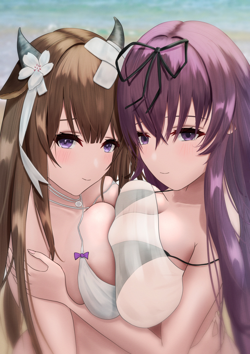 2girls animal_ears azur_lane bikini black_bikini black_ribbon bow breast_press breasts brown_hair cleavage cow_ears cow_horns criss-cross_halter crossed_bandaids crossed_bangs crossover flower hair_flower hair_ornament hair_ribbon halterneck highres horns huge_breasts kashino_(azur_lane) kashino_(hot_springs_relaxation)_(azur_lane) long_hair looking_at_viewer multiple_girls murasaki_(senran_kagura) murasaki_(the_shut-in_princess's_lament)_(senran_kagura) official_alternate_costume purple_bow purple_eyes purple_hair ribbon sawtooth see-through see-through_shirt senran_kagura senran_kagura_new_link senran_kagura_shinovi_versus swimsuit symmetrical_docking trait_connection very_long_hair white_bikini white_flower