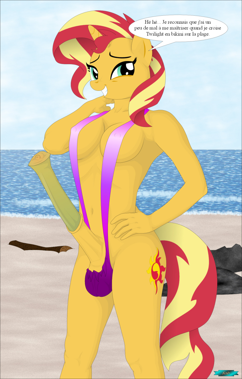 animal_genitalia animal_penis anthro beach breasts clothing equestria_girls equine_genitalia equine_penis fab3716 female genitals hasbro hi_res intersex my_little_pony penis seaside solo sunset_shimmer_(eg) swimwear