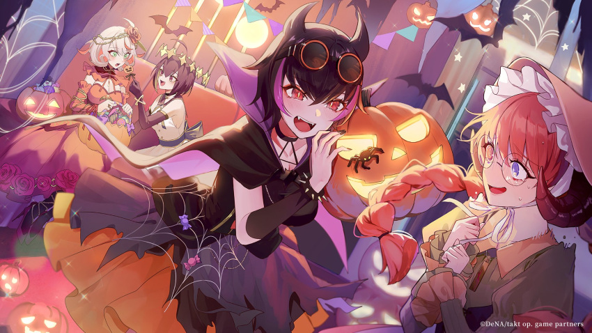 4girls ahoge anna_schneider aqua_eyes bat_(animal) black_choker black_dress black_gloves black_hair black_horns blue_eyes blunt_bangs bracelet braid breasts candy candy_cane choker colored_inner_hair crown_of_thorns curled_horns daphnis_and_chloe_(takt_op.) demon_horns destiny_(takt_op.) detached_collar detached_sleeves die_fledermaus_(takt_op.) dress elbow_gloves eyeshadow flower flower-trimmed_dress food gloves grey_hair hair_flower hair_ornament halloween halloween_bucket heterochromia highres holding holding_candy holding_food horns jack-o'-lantern jewelry juliet_sleeves jupiter_(takt_op.) jupiter_symbol lollipop long_hair long_sleeves looking_at_viewer low_twin_braids magako makeup medium_breasts medium_hair multicolored_hair multiple_girls official_art orange_eyes orange_hair pink_hair puffy_sleeves purple_hair red_dress red_eyes red_eyeshadow red_flower red_hair red_rose red_sleeves rose round_eyewear school_uniform serafuku short_hair small_breasts smile star_(symbol) star_hair_ornament streaked_hair takt_op._destiny twin_braids white_dress white_serafuku