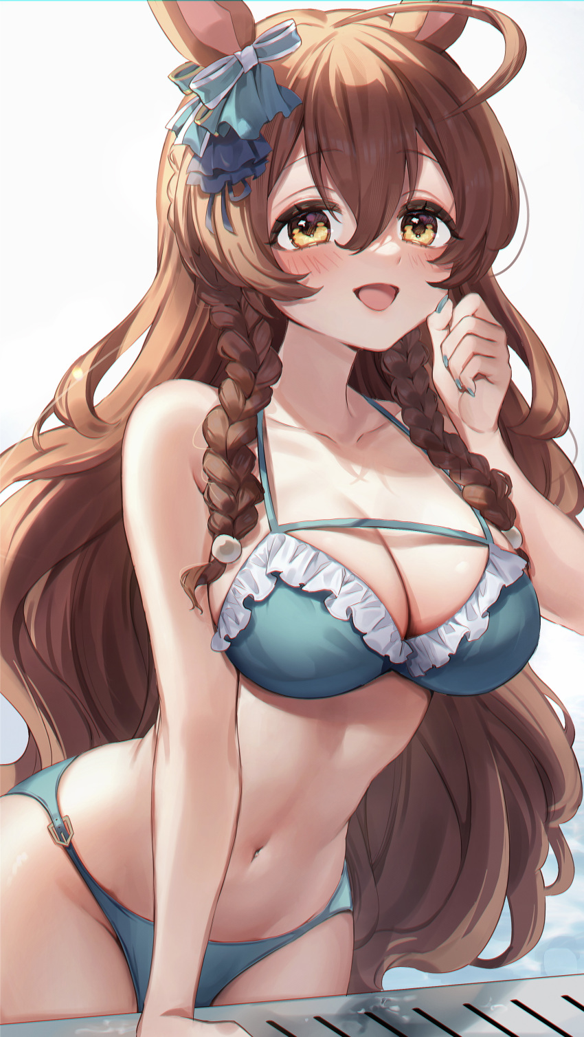 1girl absurdres alternate_costume animal_ears bikini blush braid breasts brown_hair chan_hone_pkpk cleavage collarbone commentary_request fingernails hair_between_eyes hair_ornament highres horse_ears horse_girl horse_tail medium_breasts mejiro_bright_(umamusume) navel partial_commentary pool side_braids simple_background solo swimsuit tail umamusume white_background yellow_eyes
