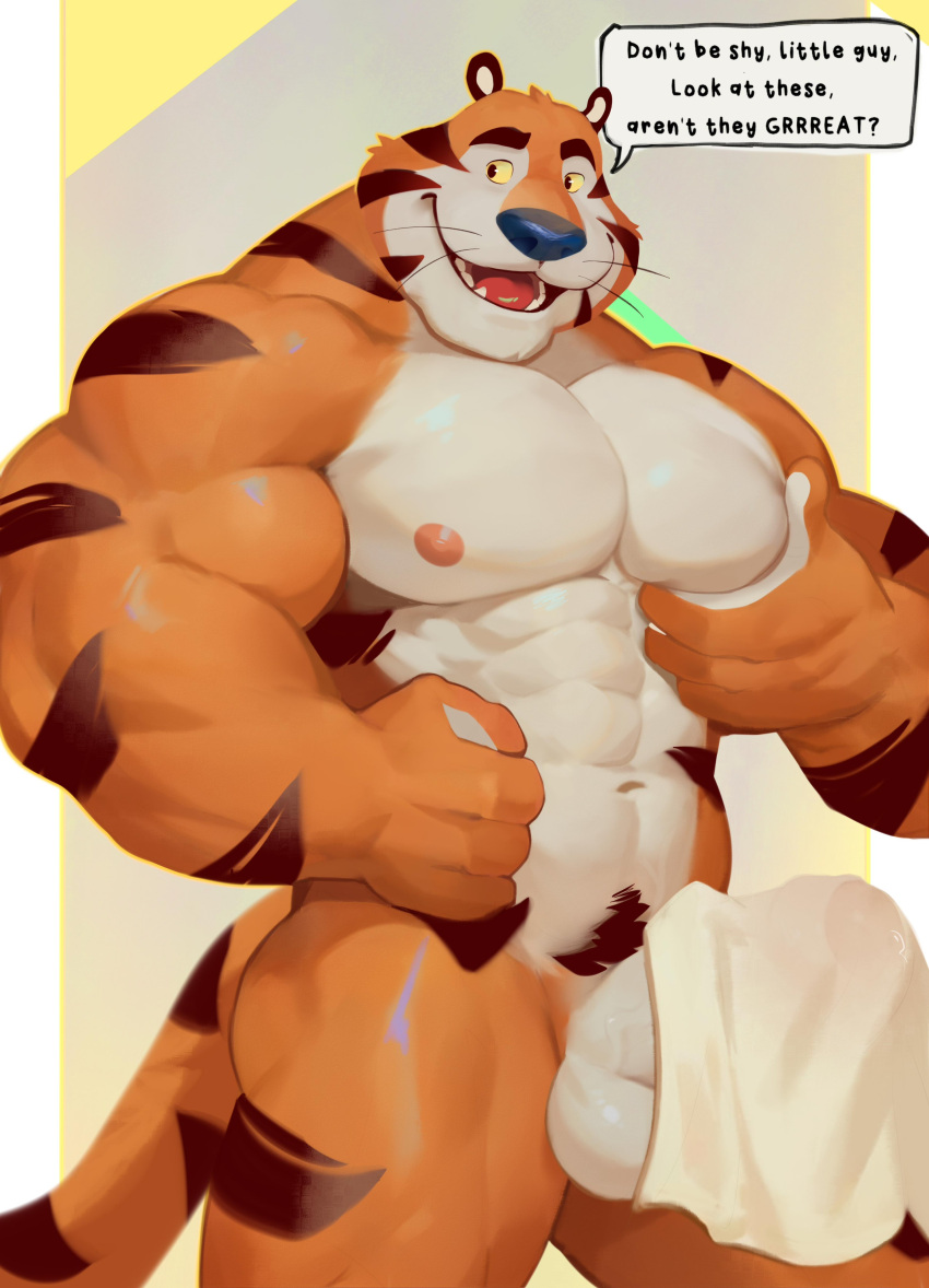 2023 4_fingers abs absurd_res anthro balls biceps black_eyes blue_nose covering covering_crotch covering_penis dialogue english_text felid fingers flexor_carpi frosted_flakes fur genitals hi_res kellogg's male mammal mascot mukum_1am muscular muscular_anthro muscular_male muscular_thighs navel nipples open_mouth orange_body orange_fur pantherine pec_grab pecs penis pubes quads sharp_teeth solo speech_bubble stripes teeth text tiger tony_the_tiger towel triceps white_body white_fur yellow_sclera