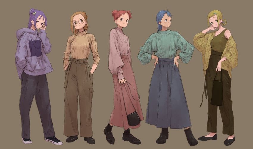 5girls aged_up asuka_momoko black_footwear blonde_hair blue_hair blue_nails blue_skirt blue_sweater brown_eyes brown_pants cardigan closed_mouth fingernails fujiwara_hazuki full_body green_eyes grey_pants hair_bun hair_ornament hair_rings hairclip hand_in_pocket hand_up harukaze_doremi highres hood hood_down hoodie light_brown_hair long_skirt multiple_girls nail_polish ojamajo_doremi open_cardigan open_clothes pants pink_skirt purple_eyes purple_hair purple_hoodie red_hair ribbed_sweater segawa_onpu senoo_aiko shoes short_hair simple_background single_strap skirt sleeves_past_wrists smile standing sweater tenshinhannnn turtleneck turtleneck_sweater yellow_cardigan