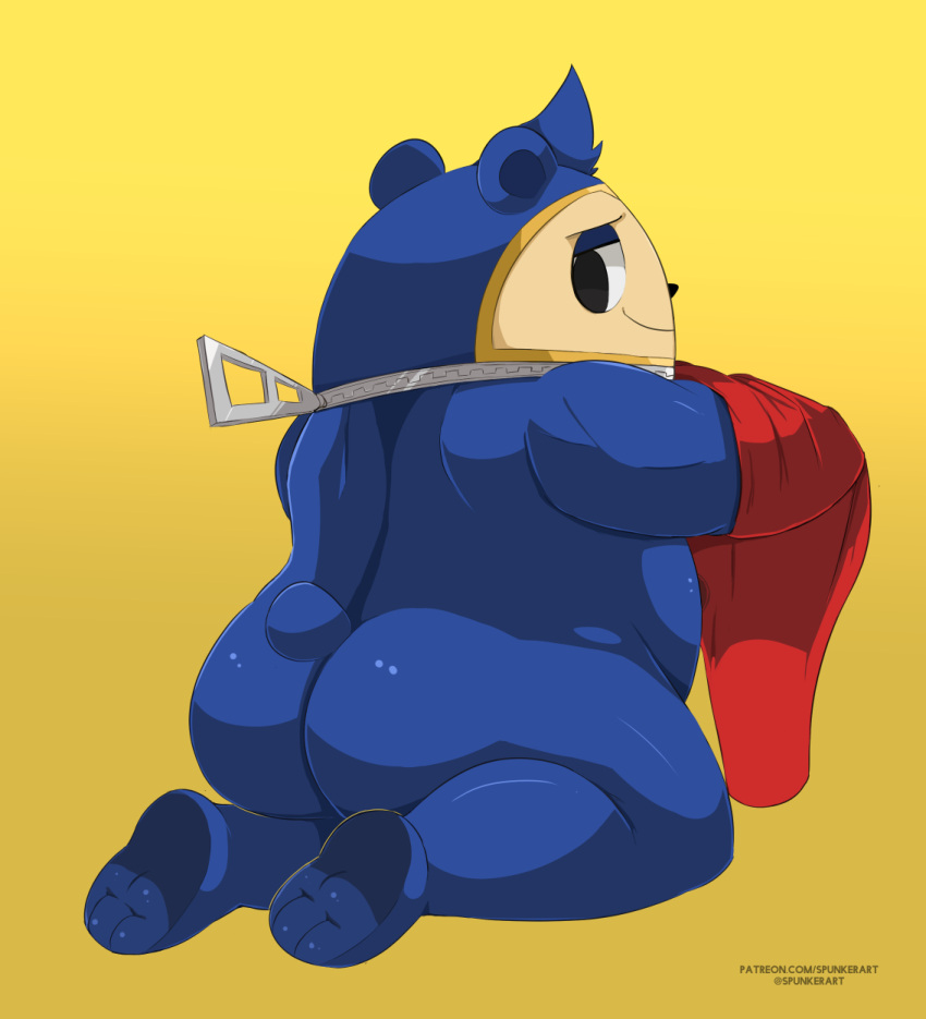 2023 anthro atlus bear belly big_butt black_eyes black_nose blue_body blue_fur blue_hair butt clothing colored digital_drawing_(artwork) digital_media_(artwork) feet fur hair half-closed_eyes hi_res looking_at_viewer looking_back male mammal megami_tensei megami_tensei_persona narrowed_eyes overweight overweight_anthro overweight_male rear_view red_clothing sega shaded simple_background smile solo solo_focus spunkerart tail teddie_(persona) text thick_thighs undressing url watermark zipper