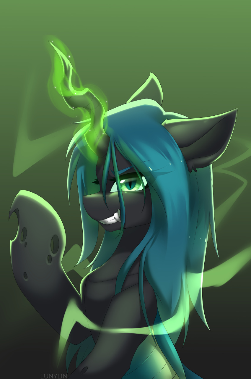 absurd_res arthropod blue_hair changeling digital_media_(artwork) eye_through_hair eyelashes female feral friendship_is_magic fur glowing glowing_horn green_eyes green_sclera grey_body grey_fur hair hasbro hi_res horn long_hair looking_at_viewer lunylin magic my_little_pony pupils queen_chrysalis_(mlp) slit_pupils smile translucent translucent_hair