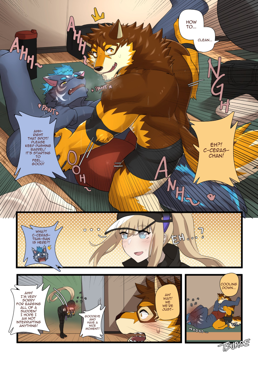 absurd_res anthro back_muscles barrel_(live_a_hero) black_clothing blonde_hair blush bottomwear canid canine canis chuurow clothing comic embarrassed english_text female furlong_(live_a_hero) group hair hat headgear headwear hi_res human humor hyena lifewonders live_a_hero male male/male mammal muscular muscular_anthro muscular_male pecs shorts suggestive_pose text trio visor_cap wolf