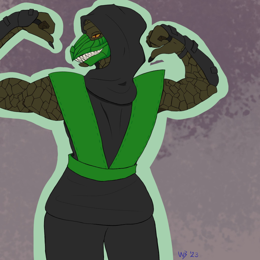 animal_humanoid anthro clothing demoniclavender gloves green_body green_scales grin handwear hi_res humanoid male mortal_kombat ninja rear_view red_eyes reptile reptile_(mortal_kombat) reptile_humanoid scales scalie scalie_humanoid sharp_teeth smile solo teeth warrior yellow_sclera