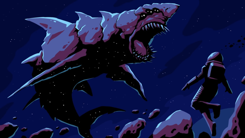 16:9 alien ambiguous_gender astronaut colored drawfee drawfee_(copyright) duo feral fin fish hi_res human hybrid mammal marine multi_eye nathan_yaffe open_mouth shaded shark sharp_teeth sky space star starry_sky tail tail_fin teeth widescreen