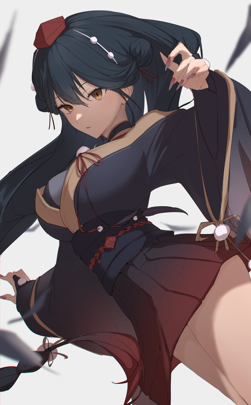 1girl absurdres black_choker black_hair black_kimono black_sash black_skirt blue_nails breasts bridal_gauntlets brown_eyes choker double_bun gradient_nails hair_bun hat highres japanese_clothes kaekae_kaeru kimono large_breasts long_hair long_sleeves looking_at_viewer miniskirt nijisanji obi off_shoulder official_alternate_costume parted_lips pleated_skirt red_headwear red_nails sash simple_background skirt solo tengu tokin_hat very_long_hair virtual_youtuber white_background wide_sleeves yamagami_karuta