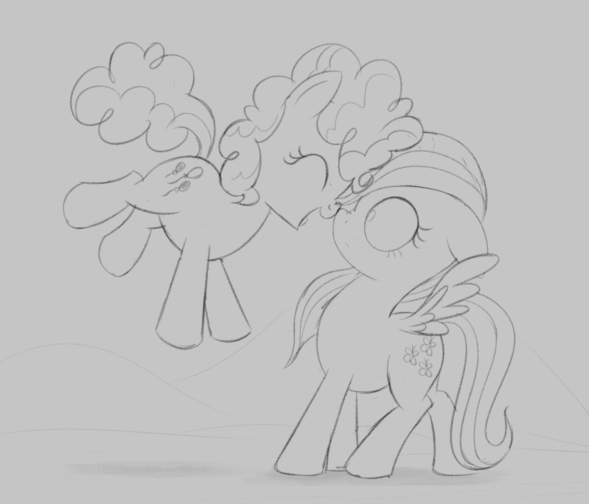 cutie_mark dtcx97 duo earth_pony equid equine eyes_closed female feral fluttershy_(mlp) friendship_is_magic hasbro hi_res horse jumping mammal monochrome my_little_pony open_mouth pegasus pinkie_pie_(mlp) pony sketch touching_noses wide_eyed wings