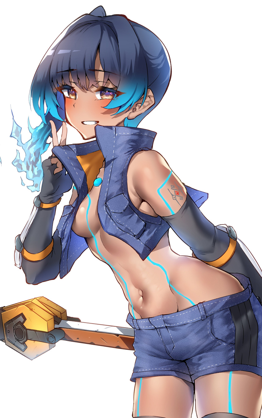 1girl absurdres bare_shoulders black_gloves black_hair black_thighhighs blue_fire blue_hair blue_shorts blue_vest blush breasts commentary denim denim_shorts denim_vest elbow_gloves fiery_hair fingerless_gloves fire gloves gradient_hair grin groin hand_up highres leaning_forward long_hair looking_at_viewer medium_breasts multicolored_hair navel one_side_up open_clothes open_vest sena_(xenoblade) short_shorts shorts siebolds_demon simple_background smile solo thighhighs v vest white_background xenoblade_chronicles_(series) xenoblade_chronicles_3