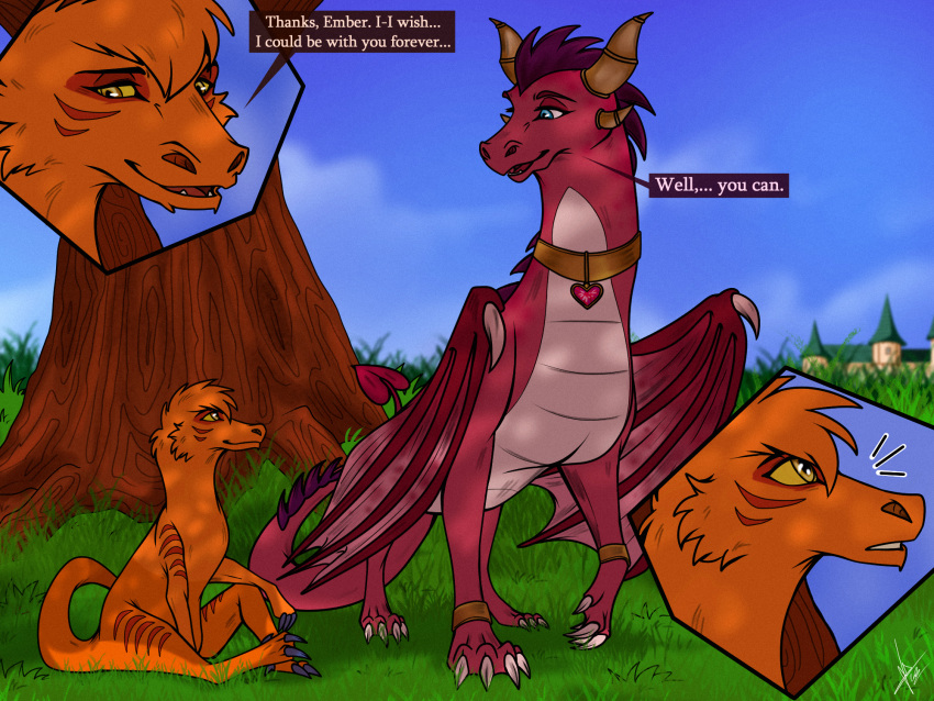 activision ambiguous_species anthro blue_eyes braclets castle cloud dragon duo ember_(spyro) eye_contact female feral fur gesture grass hi_res horn jewelry julis-rocks looking_aside looking_at_another looking_up male male/female necklace open_mouth orange_body orange_eyes pink_body plant sharpiethedergun signature smiling_at_each_other spyro_the_dragon standing stripes surprised_expression tail tail_gesture tail_heart tree wings