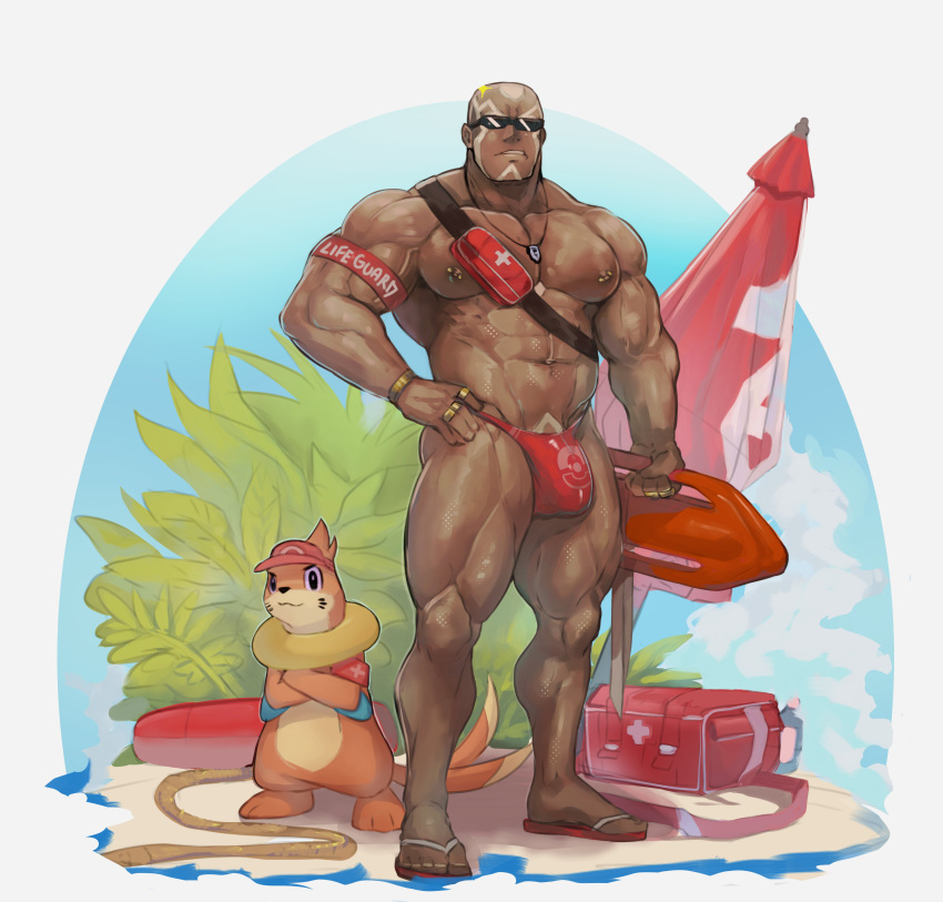 1boy absurdres bara bare_pectorals buizel bulge buzz_cut dark-skinned_male dark_skin eyewear_on_head facial_hair highres large_pectorals lifeguard male_underwear muscular muscular_male pectorals pokemon pokemon_(game) pokemon_masters_ex red_male_underwear robokeh sawyer_(pokemon_masters_ex) short_hair sunglasses tinted_eyewear underwear very_short_hair white_hair