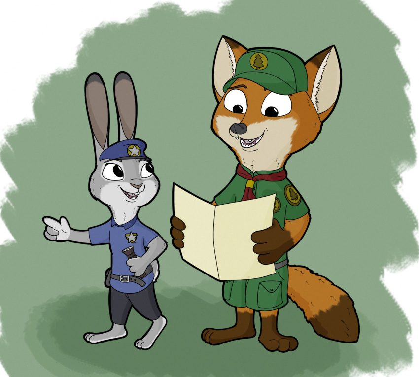 anothercolouranon anthro boy_scout canid canine clothing costume disney duo female flashlight fox green_background hat headgear headwear hi_res judy_hopps lagomorph leporid male mammal map nick_wilde police_uniform rabbit scarf simple_background tt uniform zootopia