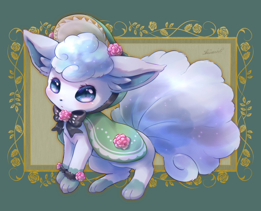 alolan_vulpix animal_focus black_bow blue_eyes bonnet border bow cape closed_mouth clothed_pokemon commentary_request eyelashes full_body green_border green_cape highres no_humans pokemon pokemon_(creature) shii_(no-va_could) signature solo