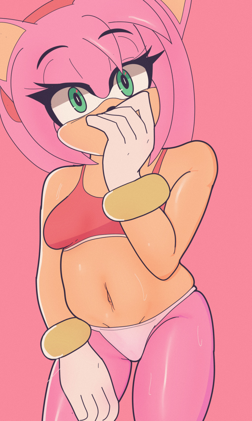 amy_rose anthro bodily_fluids bra clothing covering covering_mouth eulipotyphlan female hedgehog hi_res mammal navel panties pink_body sega sh1vss simple_background solo sonic_the_hedgehog_(series) sweat underwear