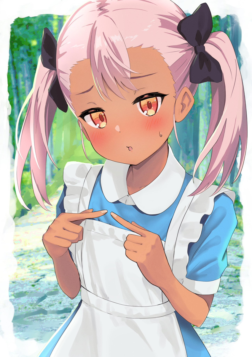 1girl alternate_costume black_bow blush bow breasts chloe_von_einzbern dark-skinned_female dark_skin fate/kaleid_liner_prisma_illya fate_(series) frills hair_bow highres long_hair looking_at_viewer open_mouth orange_eyes pan_korokorosuke pink_hair small_breasts solo twiddling_fingers twintails twitter_suki upper_body