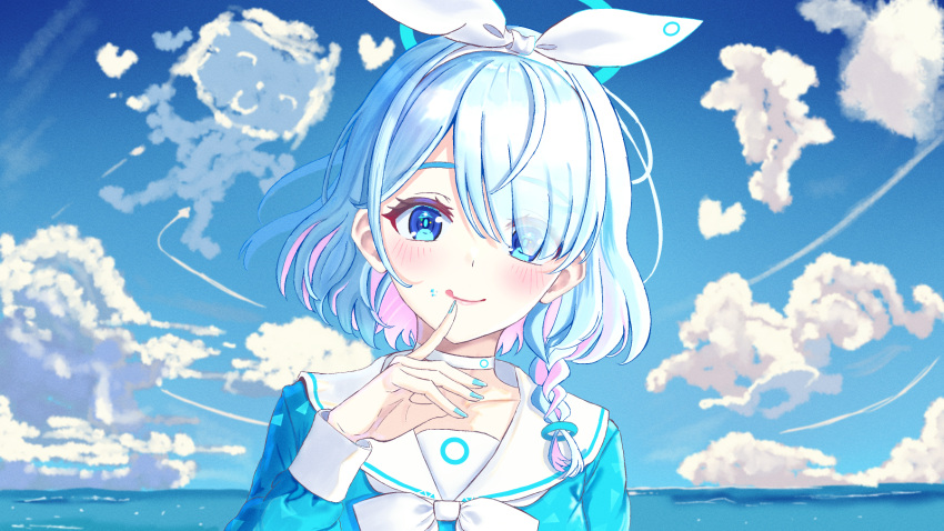 1girl :q aqua_nails arona_(blue_archive) blue_archive blue_eyes blue_hair blue_halo blue_shirt blue_sky blush braid choker cloud cloudy_sky colored_inner_hair commentary_request day finger_to_mouth food food_on_face hair_over_one_eye hair_ribbon halo hand_up highres index_finger_raised long_hair looking_at_viewer multicolored_hair neckerchief ocean outdoors pink_hair ribbon sailor_collar shirt short_hair side_braid sky smile solo tongue tongue_out upper_body white_choker white_neckerchief white_ribbon white_sailor_collar zea_(zeamilky)