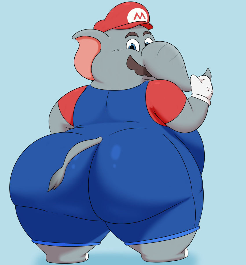 2023 absurd_res anthro big_butt blue_background blue_clothing blue_eyes blue_overalls bottomwear brown_mustache butt clothed clothing colossalstars digital_media_(artwork) elephant elephant_mario elephantid facial_hair gesture gloves grey_body grey_ears grey_nose grey_tail handwear hat headgear headwear hi_res huge_butt long_nose looking_at_viewer looking_back male mammal mario mario_bros mustache nintendo obese obese_anthro obese_male on_ground overalls overweight overweight_anthro overweight_male proboscidean red_clothing red_hat red_headwear red_shirt red_t-shirt red_topwear shirt simple_background solo standing super_mario_bros_wonder t-shirt tail thick_thighs thumbs_up topwear white_clothing white_gloves white_handwear