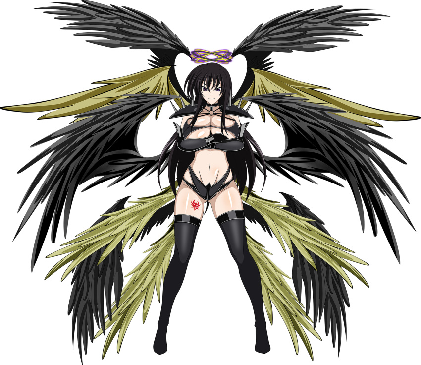 1girl angel_wings black_hair black_wings breasts cleavage covered_nipples feathered_wings full_body gloves golden_wings halo high_school_dxd highres large_breasts large_wings leg_wings long_hair looking_at_viewer low_wings multiple_wings navel panties raynare seraph shoulder_pads smile solo spread_wings underwear wings wrist_wings yxyyxy