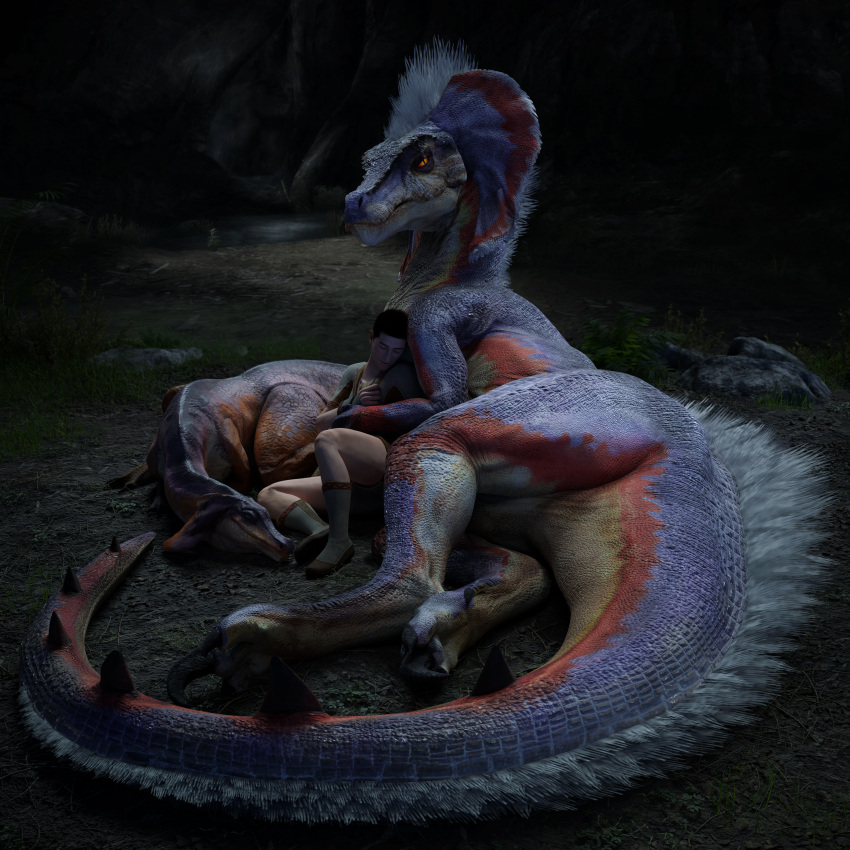 1:1 3d_(artwork) absurd_res bird_wyvern brown_hair butt capcom claws clothed clothing cuddling detailed_background digital_media_(artwork) dinosaur embrace eyes_closed feet female feral frill_(anatomy) fur grass group hair head_tuft hi_res hug human ivorylagiacrus jaggi larger_female larger_feral larger_male long_tail looking_at_viewer lying male mammal membrane_(anatomy) membranous_frill monster_hunter multicolored_body multicolored_scales night on_ground on_side orange_body orange_scales outside partially_clothed partially_clothed_human partially_clothed_male plant presenting presenting_hindquarters pubic_boot pupils purple_body purple_scales red_body red_eyes red_scales reptile rock scales scalie sharp_claws size_difference sleeping sleeping_on_partner sleeping_together slit_pupils smaller_female smaller_human smaller_male spiked_tail spikes spikes_(anatomy) tail tail_tuft theropod thick_thighs trio tuft white_body white_fur white_hair white_scales