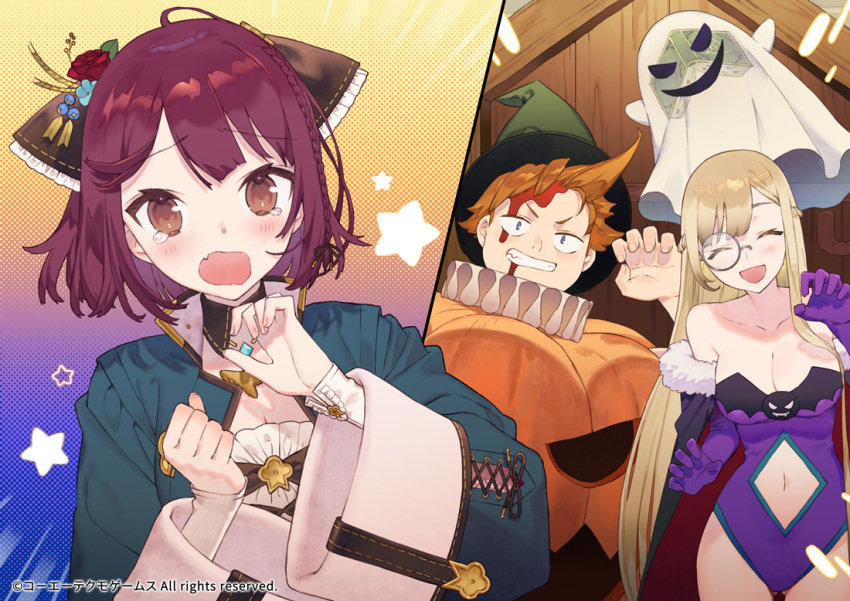 1boy 1other 2girls alternate_costume ass_visible_through_thighs atelier_(series) atelier_sophie bangs bat_(animal) bat_wings blood blood_on_face blush breasts brown_eyes cape claw_pose cleavage clothing_cutout coat_rack cross-laced_clothes cross-laced_top fake_blood fur_trim ghost_costume gradient_background halloween halloween_costume jack-o'-lantern medium_breasts monika_ellmenreich monocle motion_lines multiple_girls navel navel_cutout noco_(adamas) oskar_behlmer plachta pumpkin pumpkin_costume recoil scared sophie_neuenmuller star_(symbol) stomach_cutout surprised wings wooden_door