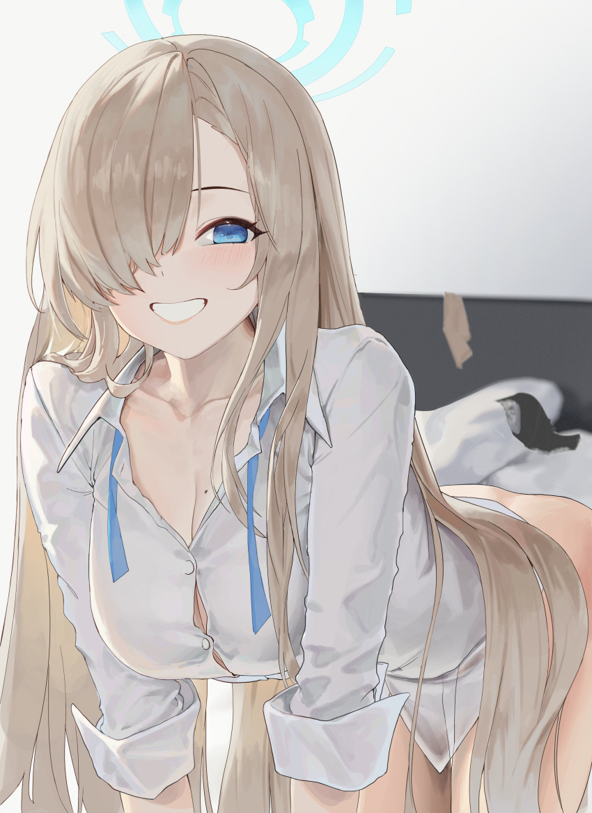 1girl absurdres all_fours asuna_(blue_archive) asymmetrical_bangs black_panties blue_archive blue_eyes blue_halo blue_ribbon bottomless breasts collarbone grin hair_over_one_eye halo highres indoors large_breasts light_blush light_brown_hair long_bangs long_hair looking_at_viewer mole mole_on_breast one_eye_covered panties panties_removed ribbon seol_l sleeves_rolled_up smile solo underwear undone_neck_ribbon very_long_hair