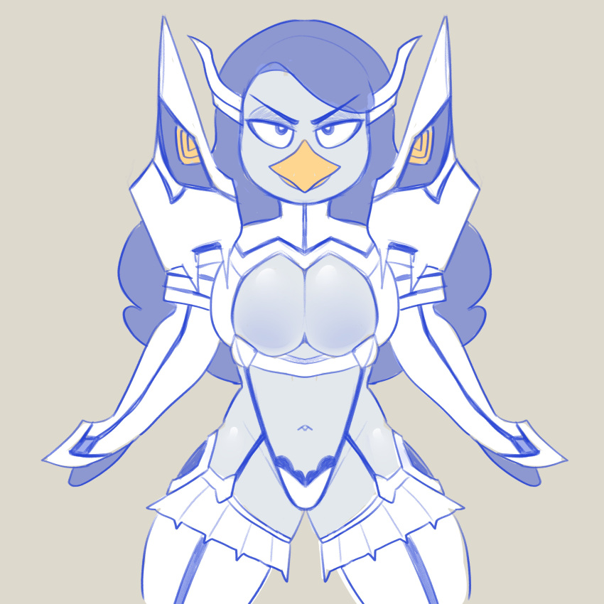 absurd_res anthro avian beak big_breasts bird blue_body blue_eyes blue_feathers blue_hair breasts clothing doodle_(paeonypetals) feathers female front_view grey_background hair hi_res huge_breasts inner_boob junketsu kill_la_kill legwear long_hair looking_at_viewer navel paeonypetals penguin simple_background solo stockings studio_trigger thick_thighs white_clothing white_legwear white_stockings wide_hips