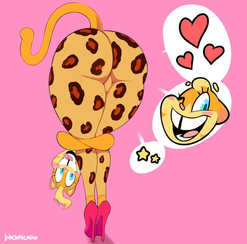 &lt;3 absurd_res animal_print anthro big_butt bite blonde_hair blue_eyes blush bottomwear buckteeth butt clothing domestic_cat felid feline felis female flexible footwear hair hi_res high_heels leopard_print leopard_print_clothing lilly_(vimhomeless) looking_at_viewer looking_back looking_back_at_viewer mammal one_eye_closed pants pink_background simple_background smile smiling_at_viewer solo speech_bubble teeth thick_thighs tight_clothing tongue tongue_bite vimhomeless wide_hips wink yellow_body