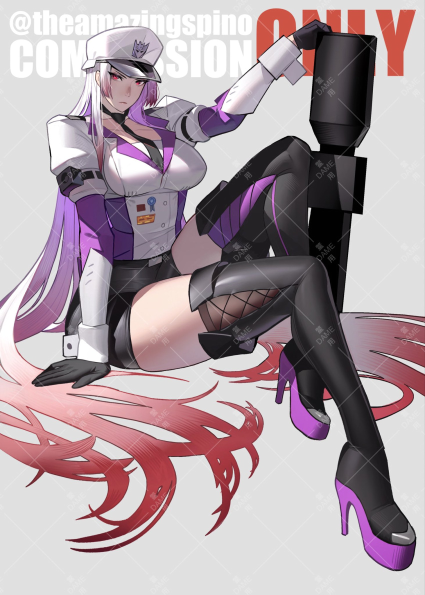 1girl black_footwear black_gloves black_necktie black_shorts boots breasts collarbone commission decepticon frown genderswap genderswap_(mtf) gloves gradient_hair grey_hair gun hat high_heel_boots high_heels highres holding holding_gun holding_weapon invisible_chair kamitoge_supino long_hair medium_breasts megatron military_hat multicolored_hair necktie purple_hair red_hair shorts sitting skindentation solo transformers v-shaped_eyebrows very_long_hair watermark weapon white_headwear