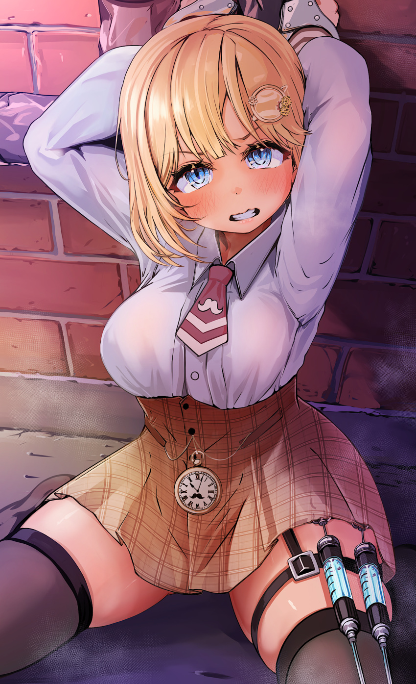 1girl arms_up black_thighhighs blonde_hair blue_eyes blush breasts clenched_teeth cuffs hair_ornament handcuffs highres hololive hololive_english kajimakoto looking_at_viewer pocket_watch sitting skirt solo syringe teeth thigh_strap thighhighs variant_set virtual_youtuber wariza watch watson_amelia watson_amelia_(1st_costume) zettai_ryouiki