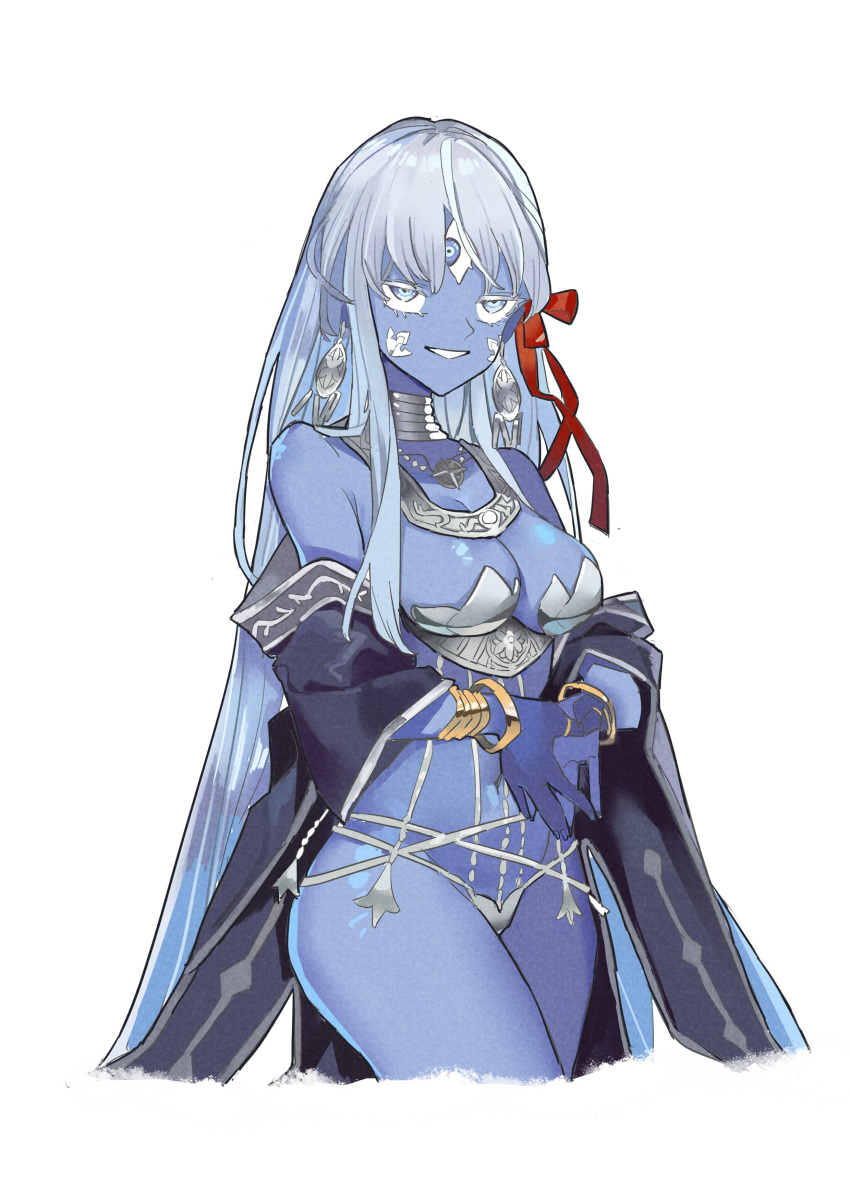 1girl absurdres armor bare_shoulders belly_chain bikini_armor blue_eyes blue_skin bracelet breasts cleavage colored_skin earrings fate/grand_order fate_(series) grin hair_ribbon highres jewelry kali_(fate) large_breasts long_hair looking_at_viewer navel neck_ring necklace revealing_clothes ribbon sash smile solo tenten47086101 thighs third_eye thumb_ring very_long_hair white_hair